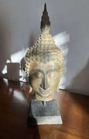 12" BRONZE BUDDHA HEAD on wood & iron stand | eBay
