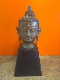 Bronze Buddha Head on Wood Base For Sale at 1stDibs
