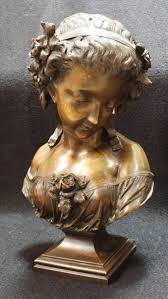 Eugene Aizelin Original Antique Bronze Sculpture Young Girl w/ Roses Bust 1880s | eBay
