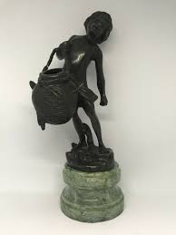 Vintage Bronze Statue Sculpture Of A Boy Holding A Basket On A Green Marble Base | eBay Australia