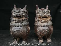 8.4" Old Chinese iron Fengshui Qilin Kylin God Beast incense burner Censer Pair | eBay