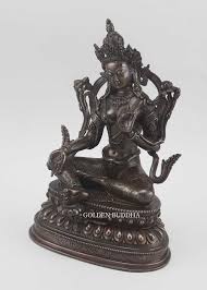Antiquated Green Tara Statue, Height 9.5", Hand Carved Details