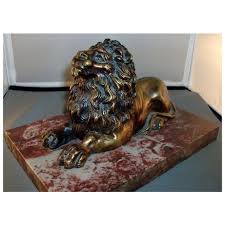 Antique 19th C. English Regency Bronze Model of the Trafalgar Lion on Rouge Marble Base | Chairish