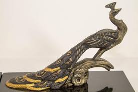 Art Deco Style Pair Bronze Peacock Bookends on Black Marble Base at 1stDibs