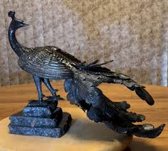 Bronze Peacock Statue Sculpture Shiny Black Granite Base Detailed 7" X 14.5" | eBay