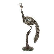 Industrial Metal Peacock Sculpture on Green Marble Base | Grandview Mercantile