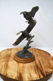 Canada Goose Pewter Statue on Wooden Pedestal Ducks ...