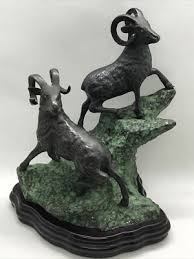 VTG Pair Bronze Ram on Top Mountain Mixed Media Sculpture w Wooden Base 9"H | eBay
