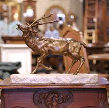 Early 20th C. French Bronze Elk Sculpture on Marble Base Signed De. Fiesole | Chairish