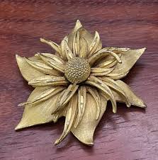 Gold Tone Textured Flower Brooch, Signed B.S.K. - Etsy