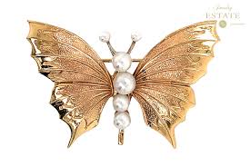 Estate 14K Yellow Gold Butterfly Brooch Pin with Pearls ...