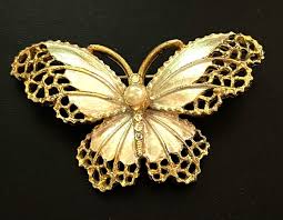 Vintage BSK Gold Tone Filigree White Enamel Butterfly Brooch ...