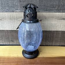 Metal Blue Crackle Glass Lantern Tea Light Holder Hanging or ...