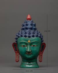 Large Brass Buddha Head Statue | Turquoise & Coral Inlay