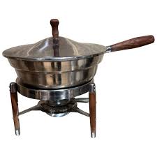 Fondue Chafing Dish Brass Stainless Steel With Teak Stand ...