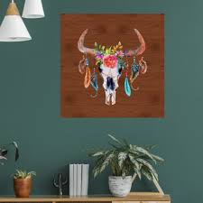 Colorful Feathers On Bull Skull Poster | Zazzle