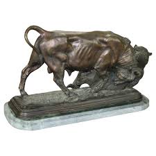 Antique Bull and Bear Figural Bronze Sculpture on Green Marble Base Signed Bonheur at 1stDibs