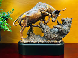 Bronze Wall Street Bull Fighting Bear Sculpture on Oblong ...