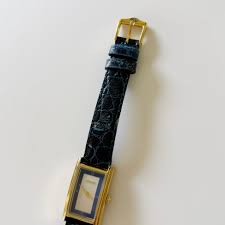 Gucci 1990s Gold Plated Rectangular Blue Leather Watch – Lorinaté