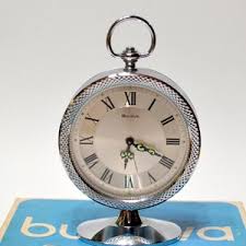 Vintage BULOVA Wind up Clock Silver Tone Metal Pedestal ...