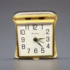 Bulova Winding Travel Alarm Clock Black & Gold Metal Clam ...
