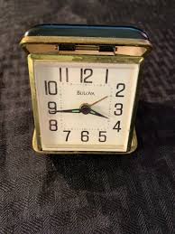 Bulova Winding Travel Alarm Clock Black & Gold Metal Clam ...
