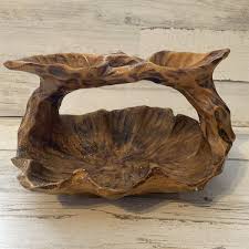 Vintage Hand-Carved Wood Bowl Fruit Basket With Carved Leaves Handle Centerpiece | eBay