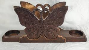 Vintage CARVED WOOD BUTTERFLY napkin salt pepper holder ...