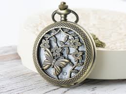 Butterfly Floral Bronze Pocket Watch Long Necklace / Unique ...