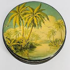 VTG MID-CENTURY TROPICAL CARIBBEAN PALM TREE ORANGES DESIGN LACQUERED METAL TIN | eBay