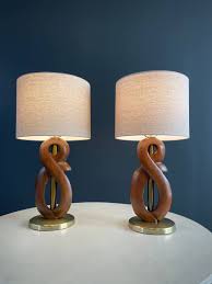Pair of Mid-Century Modern Sculpted Walnut & Brass Table Lamps by Yash – Vintage Supply
