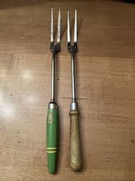 2 - Vintage A & J Long Meat Forks (Long Kitchen Forks) w/ Green Wood Handles | eBay