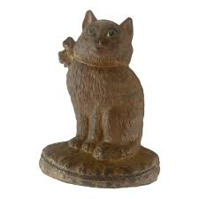 1920's Cast Iron Kitty Cat With Bow and Green Eyes Door Stop Original Paint | Chairish