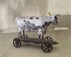19th Century Painted Tin Cow Pull Toy, 1860-90….hull ...