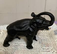 Vtg Cast Iron Elephant Bank Black Trunk Up Door Stop Painted ...