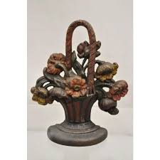 Antique Victorian Red Cast Iron Figural Painted Floral Bouquet Basket Door Stop | Chairish