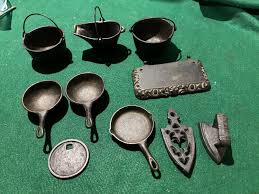 Vintage Set of 10 Miniature Toy Cast Iron Pots & Pans, Coal ...