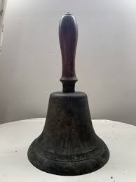 Vintage Large Brass School Bell w/ Wood Handle 10” Patina ...