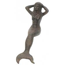 Extra Large Cast Iron Verdigris Sitting Mermaid Sculpture