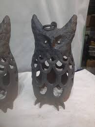Rare PAIR SET Vintage Cast Iron Owl Candle Holder Garden ...