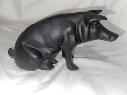 Vintage￼ Cast Iron PIG Piggy Bank Figural Sitting 10" Black Door Stop Long Nose | eBay