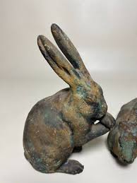 Pair of Solid Cast Iron Rabbit Statue Figurines W Patina 1 8 ...