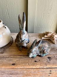 Rabbit Figurines / 2 Rabbits / Maybe Cement / Gray and Green ...
