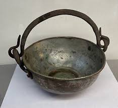 Vintage Antique Hand Hammered Tin Copper Hanging Hearth Pot Cast Iron Handle | eBay