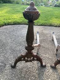 Antique Patinated Chippendale Ball Wrought Iron Fire Dogs- a ...