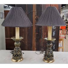 Anglo-Japanese Carved Large Ceramic and Brass Candle Stands Table Lamps, a Pair | Chairish