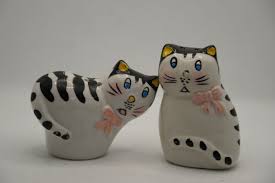 Black & white Striped Cheshire Cats Pink Bow Salt & Pepper ...