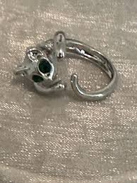 RHODIUM PLATED CAT WITH GREEN EYES SZ 7 ADJUSTABLE RING- Costume Jewelry | eBay