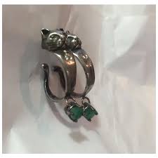 Vintage Egyptian Revival Cat earrings: Sterling, diamonds and Emeralds. For Sale at Ruby Lane