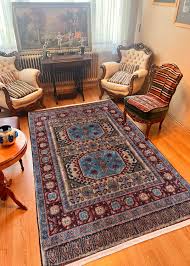Burgundy & Blue Persian Style Rug: Vintage Geometric Carpet ...